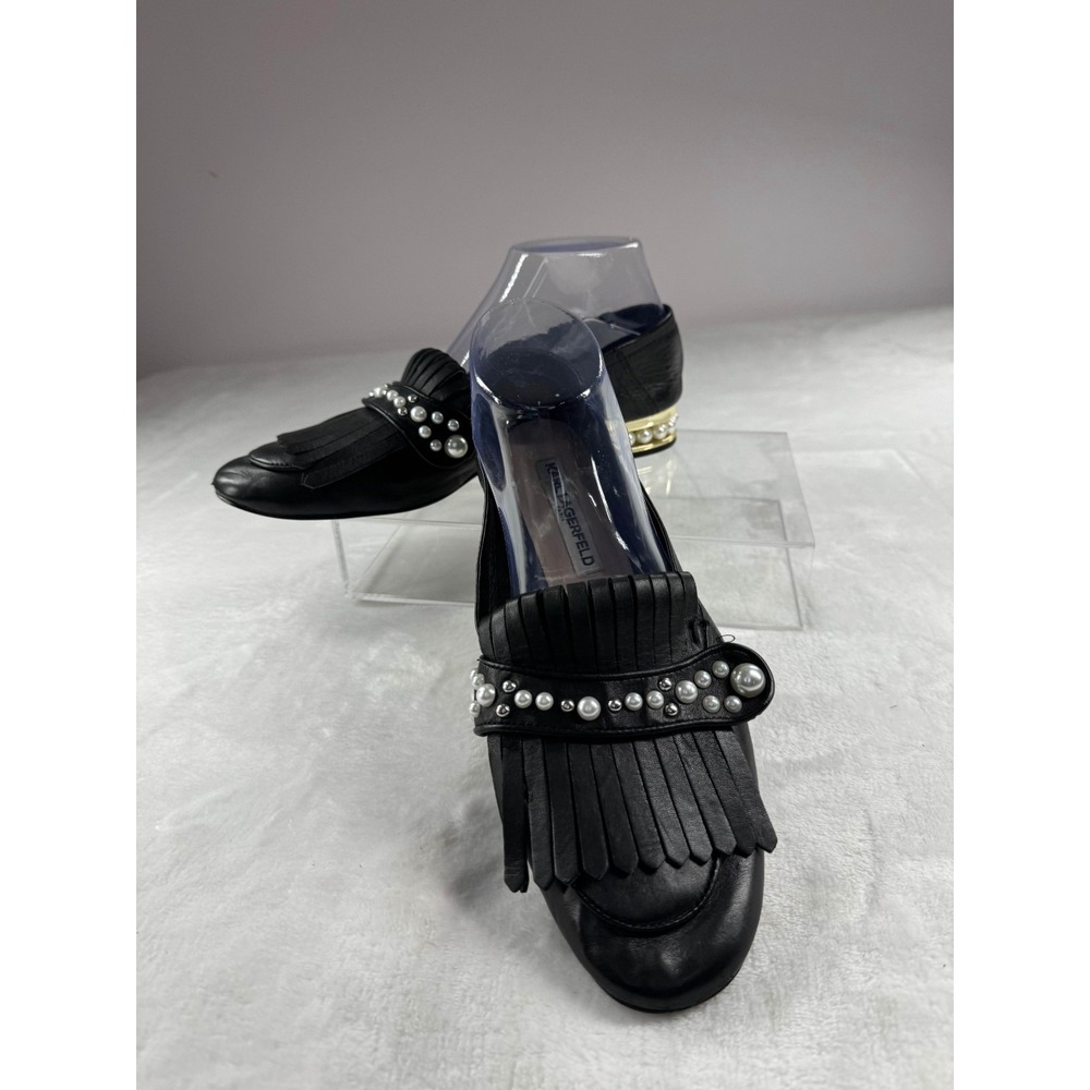 Karl Lagerfeld Paris Cenella Block Heel Loafers Women's 8.5 Black Leather Pearl